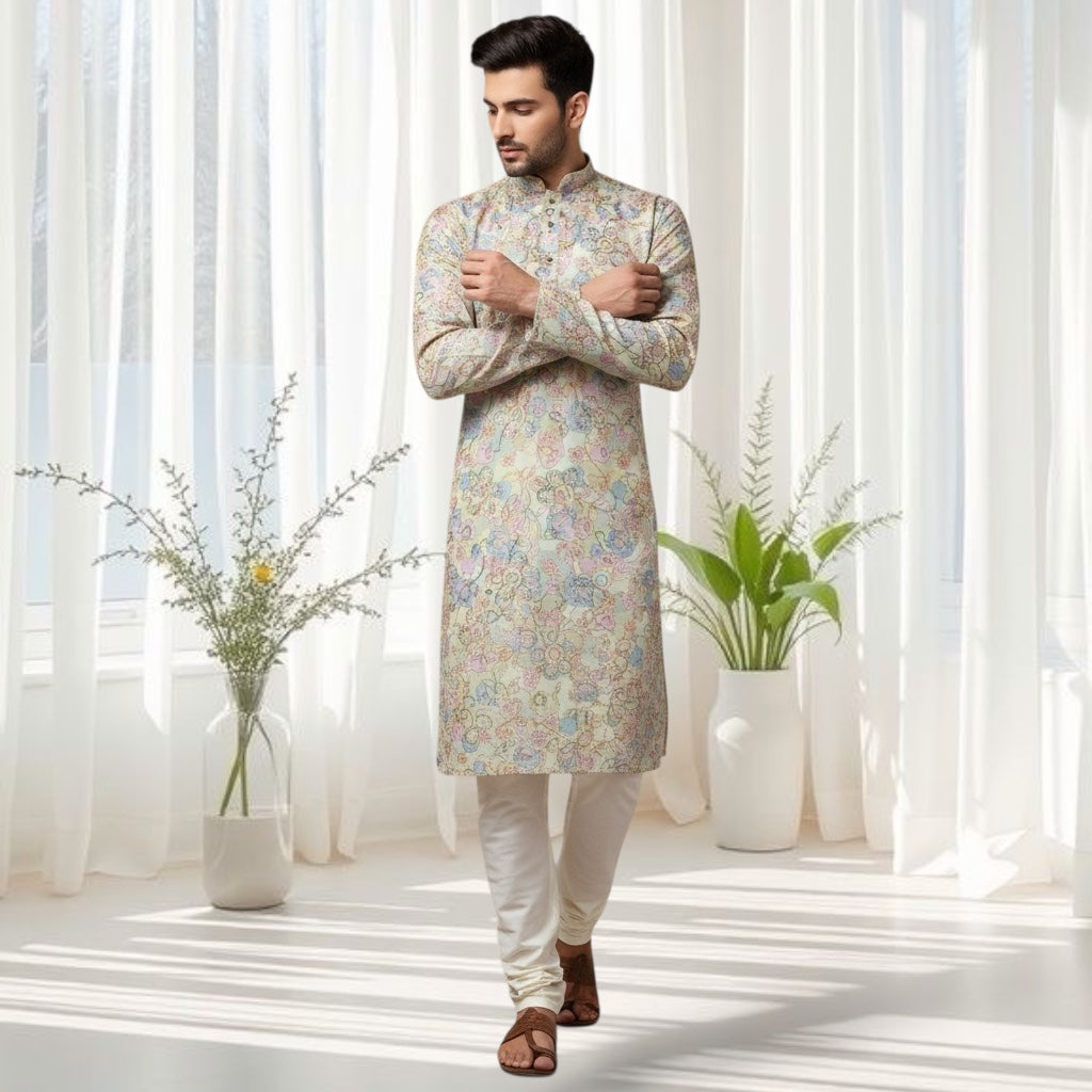 "Ranveer" Premium digital printed kurta with thread and sequins embroidery.