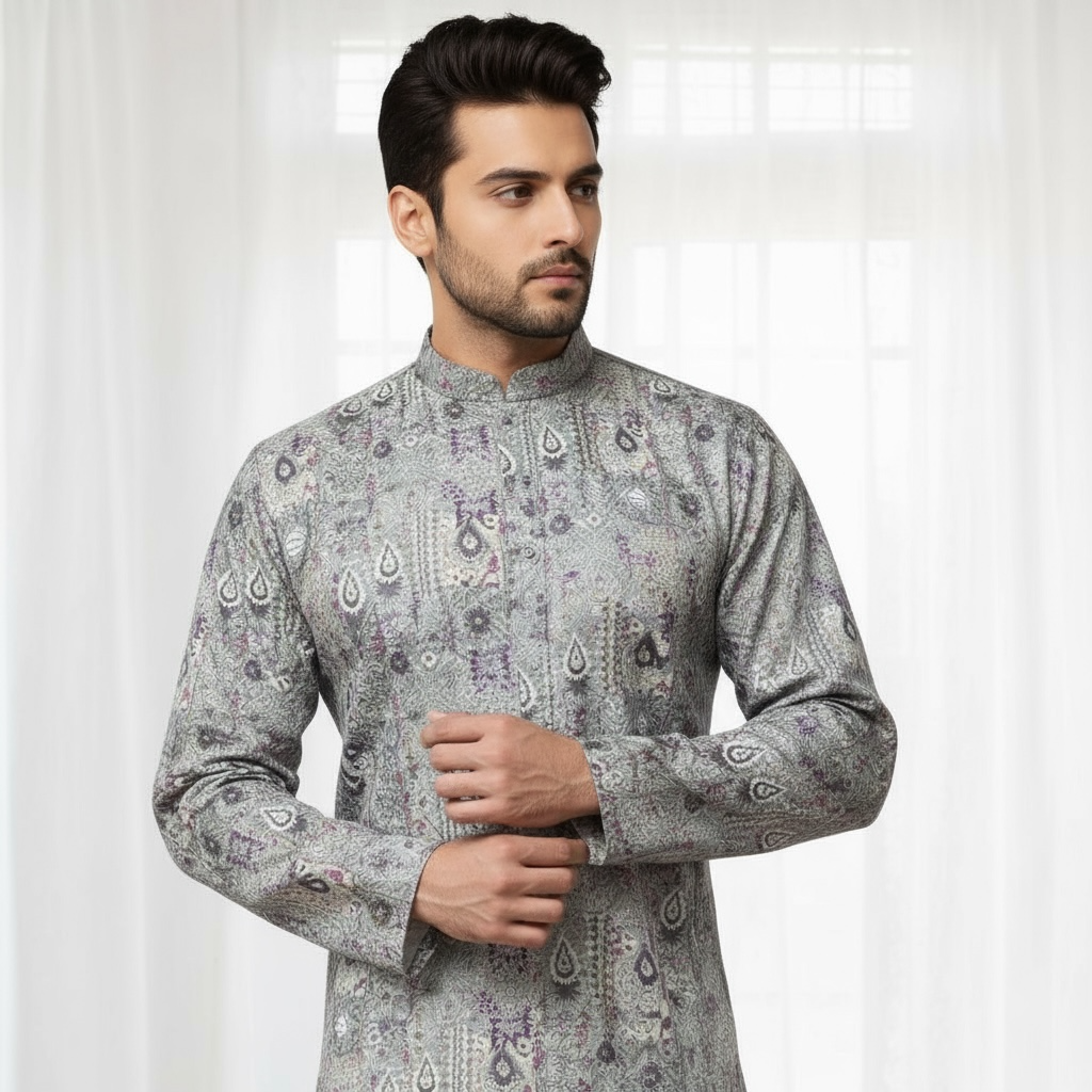 "Jeet" Premium digital printed fabric with thread and sequins embroidery.