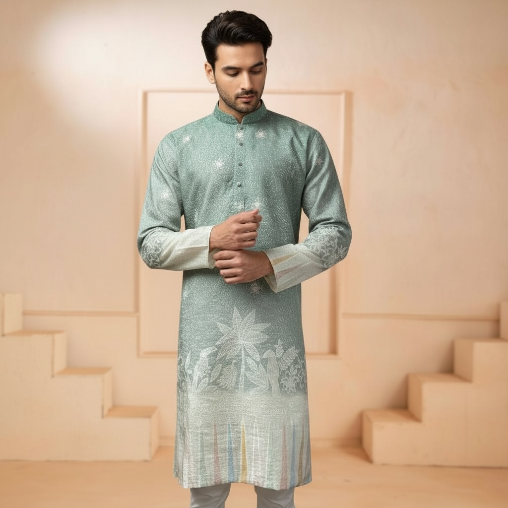 "Ojas" Premium digital printed kurta in border with thread embroidery.