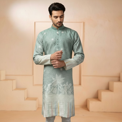 "Ojas" Premium digital printed kurta in border with thread embroidery.