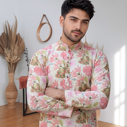 "Kavish" Premium floral digital and foil printed linen kurta.