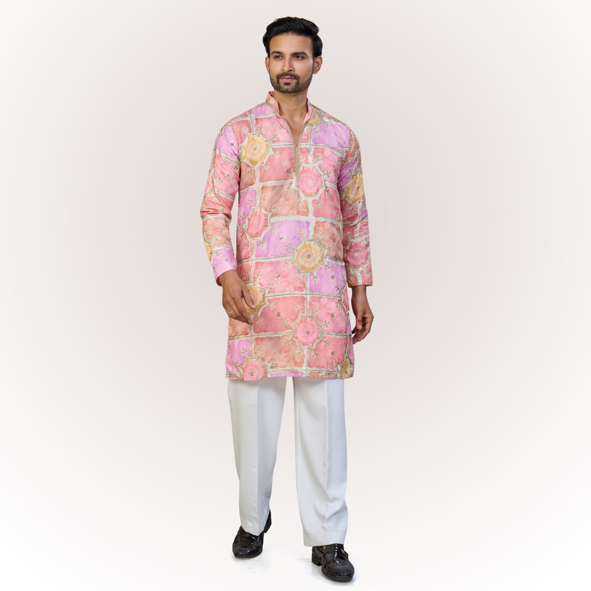 "Anay" Premium digital printed v neck kurta with thread and sequins embroidery.(wide pants included)