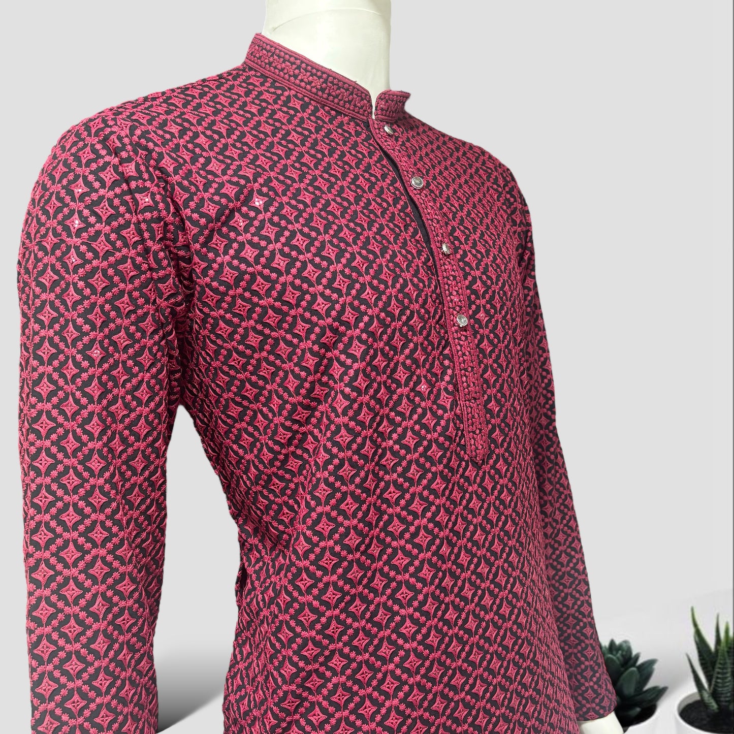 "Jairaj" Premium black rayon kurta with contrast thread work.