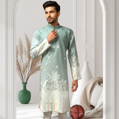 "Ojas" Premium digital printed kurta in border with thread embroidery.