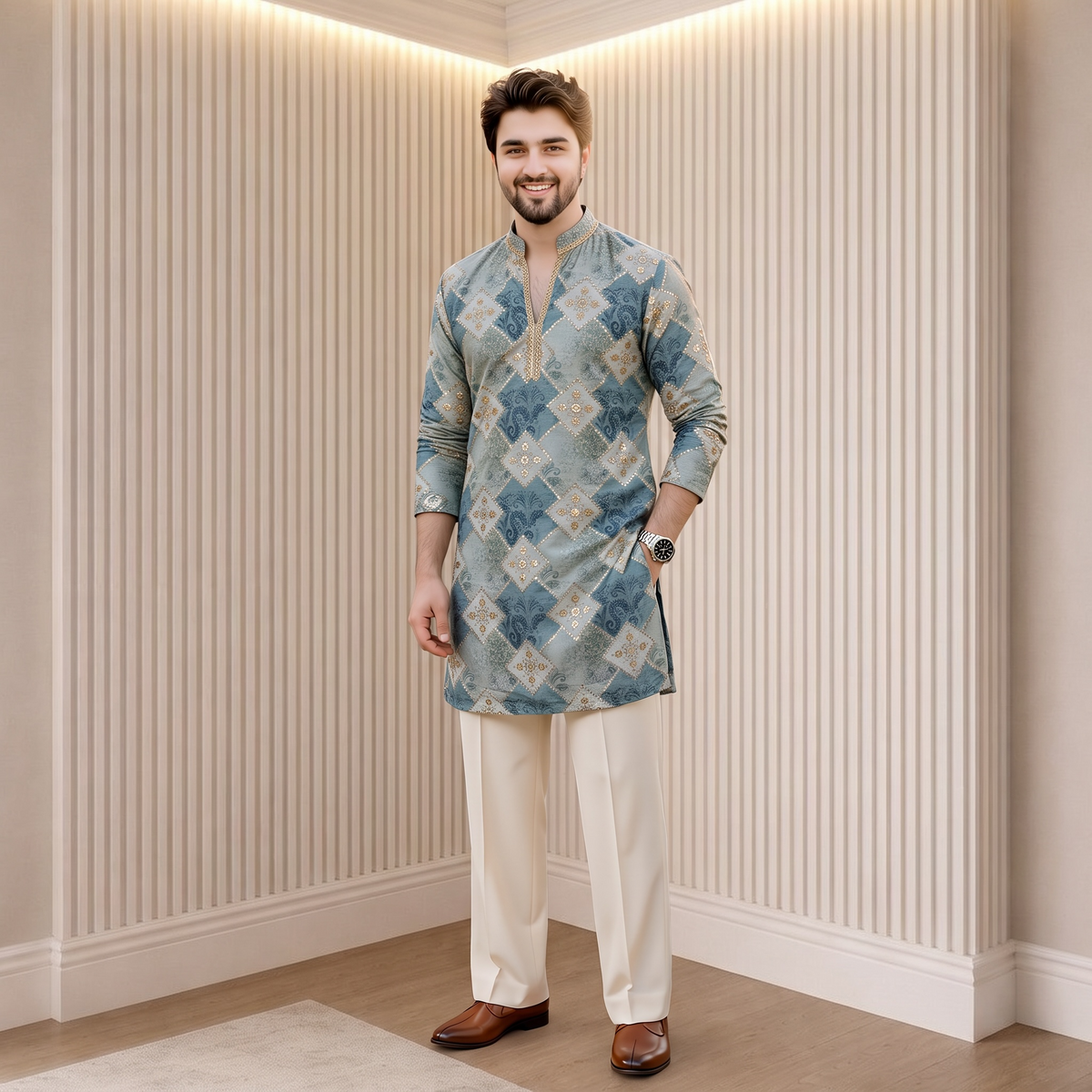 "Shree" Premium v neck thread ans sequins kurta with lining.(Wide pants included)