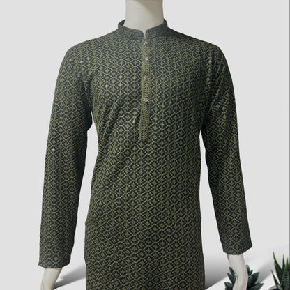 "Jairaj" Premium black rayon kurta with contrast thread work.