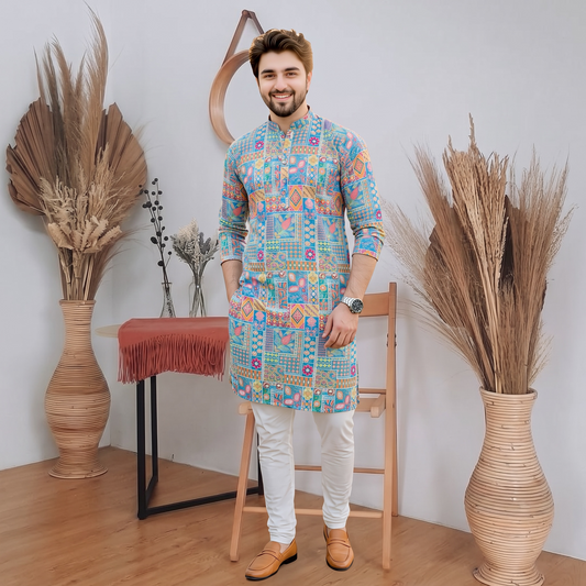 "Kunal" Premium digital printed kurta with thread and sequins embroidery.