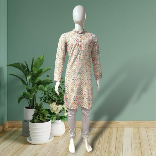 Cream Print With Embroidery Kurta