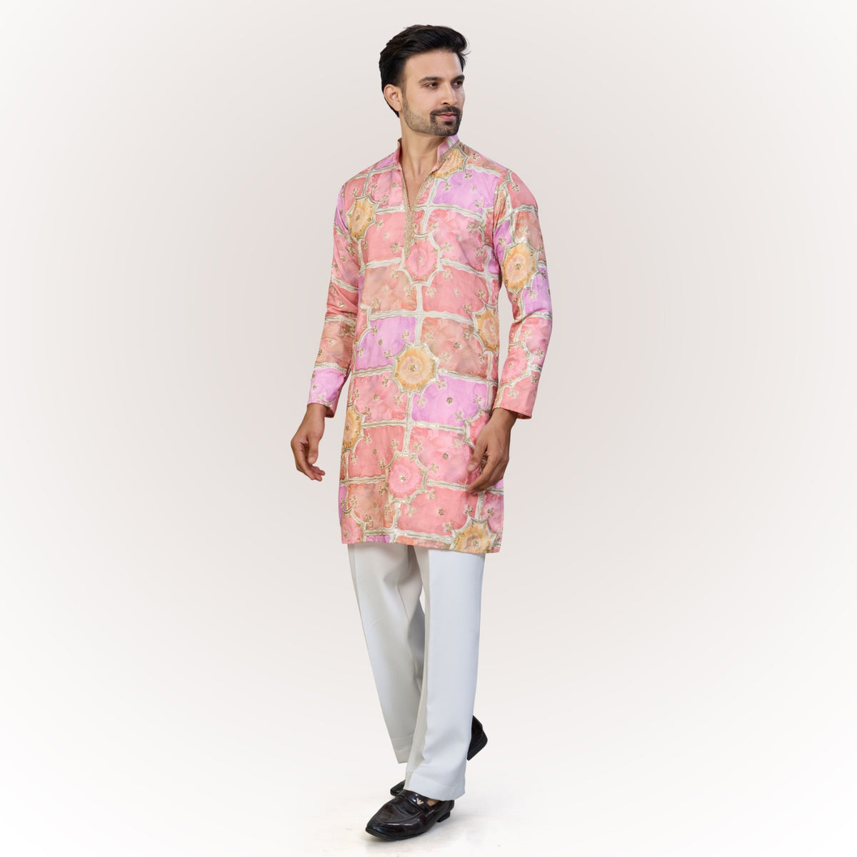 "Anay" Premium digital printed v neck kurta with thread and sequins embroidery.(wide pants included)