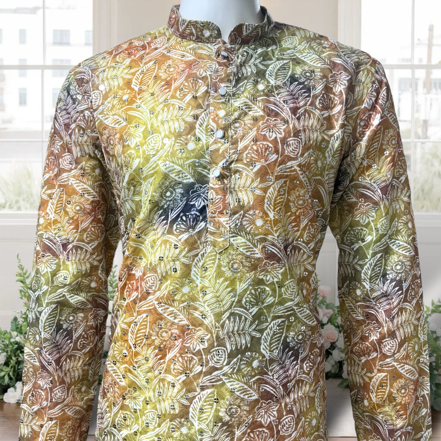 Green Flora-Embroidered Printed Kurta
