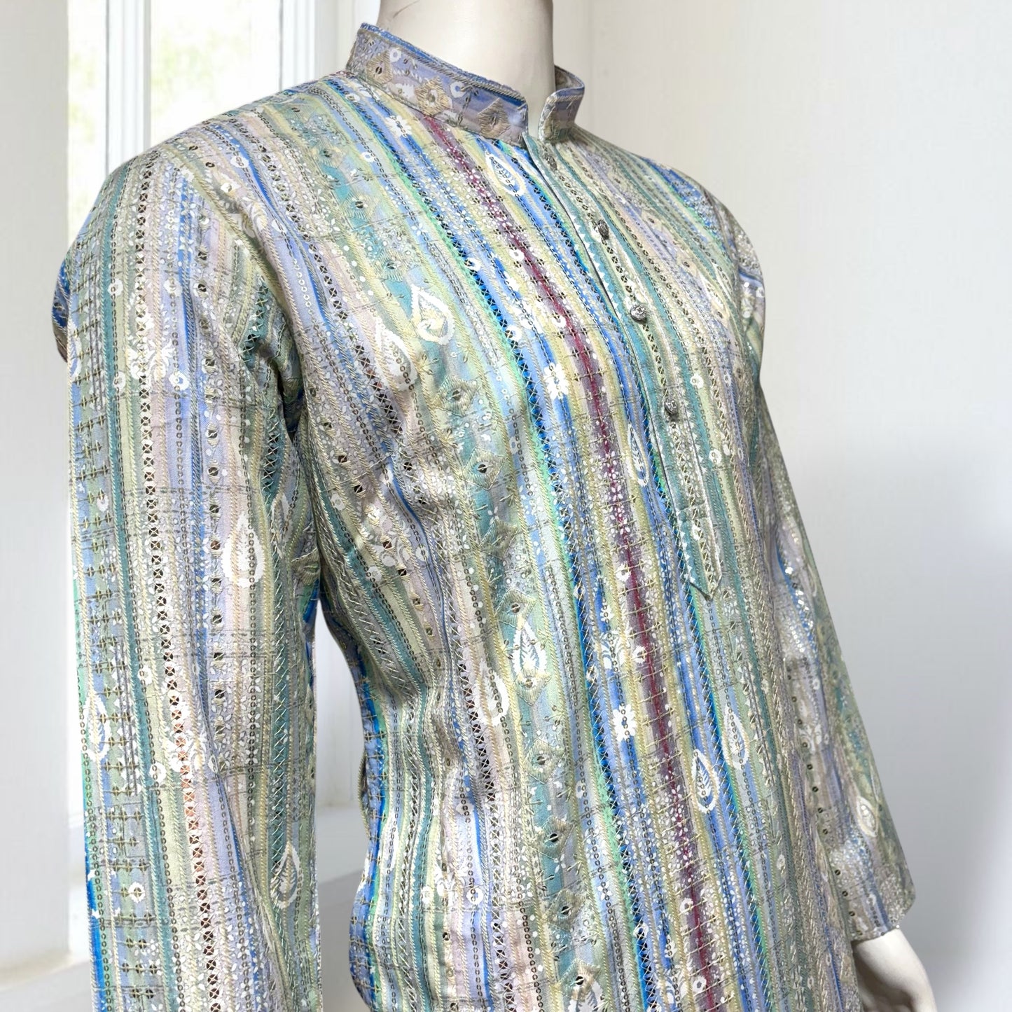 "Luv" Premium digital printed fabric with thread and sequins embroidery.