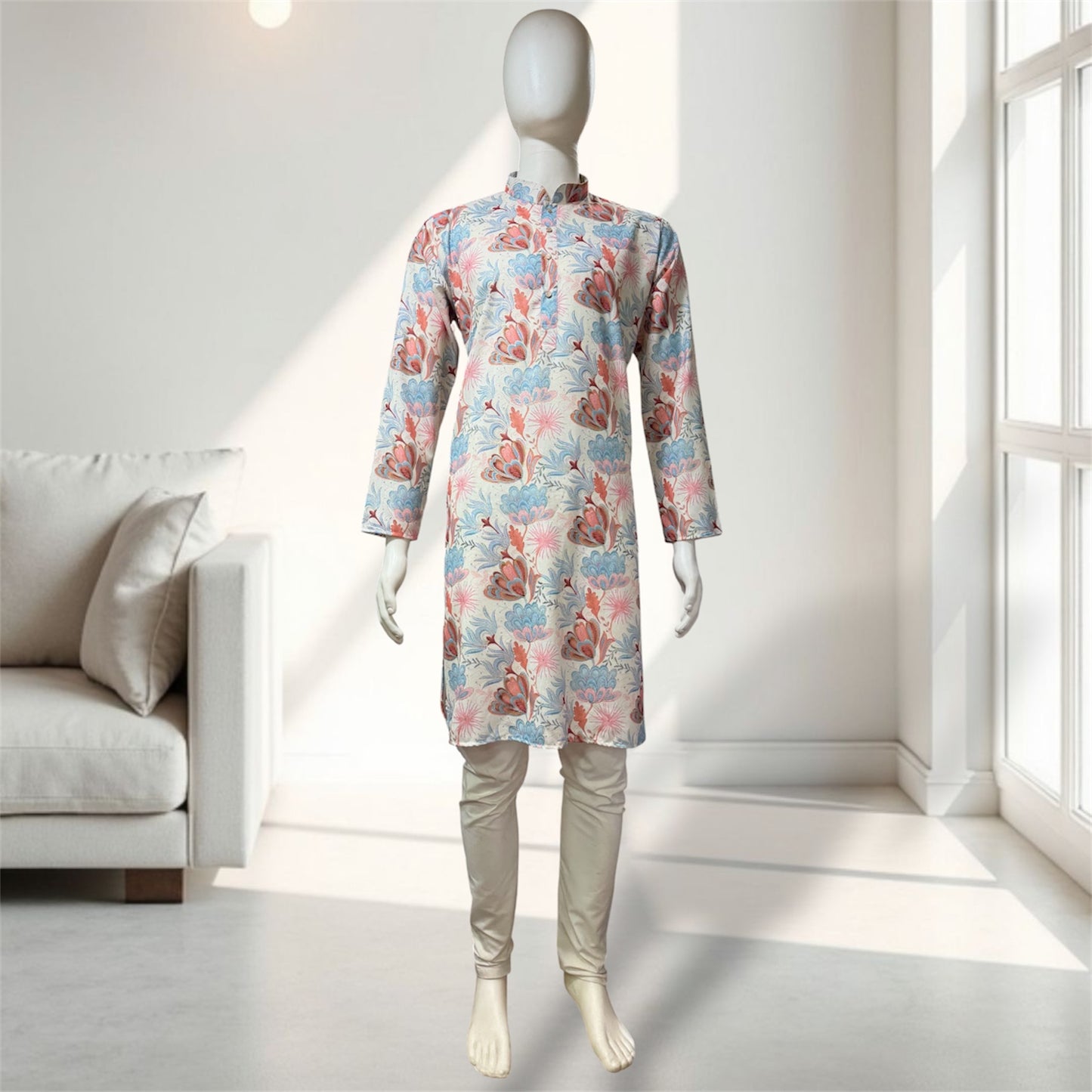 "Kavish" Premium floral digital and foil printed linen kurta.