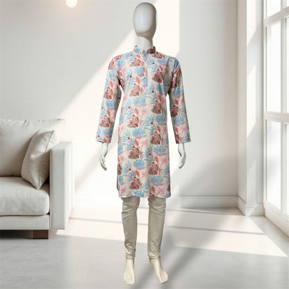 "Kavish" Premium floral digital and foil printed linen kurta.