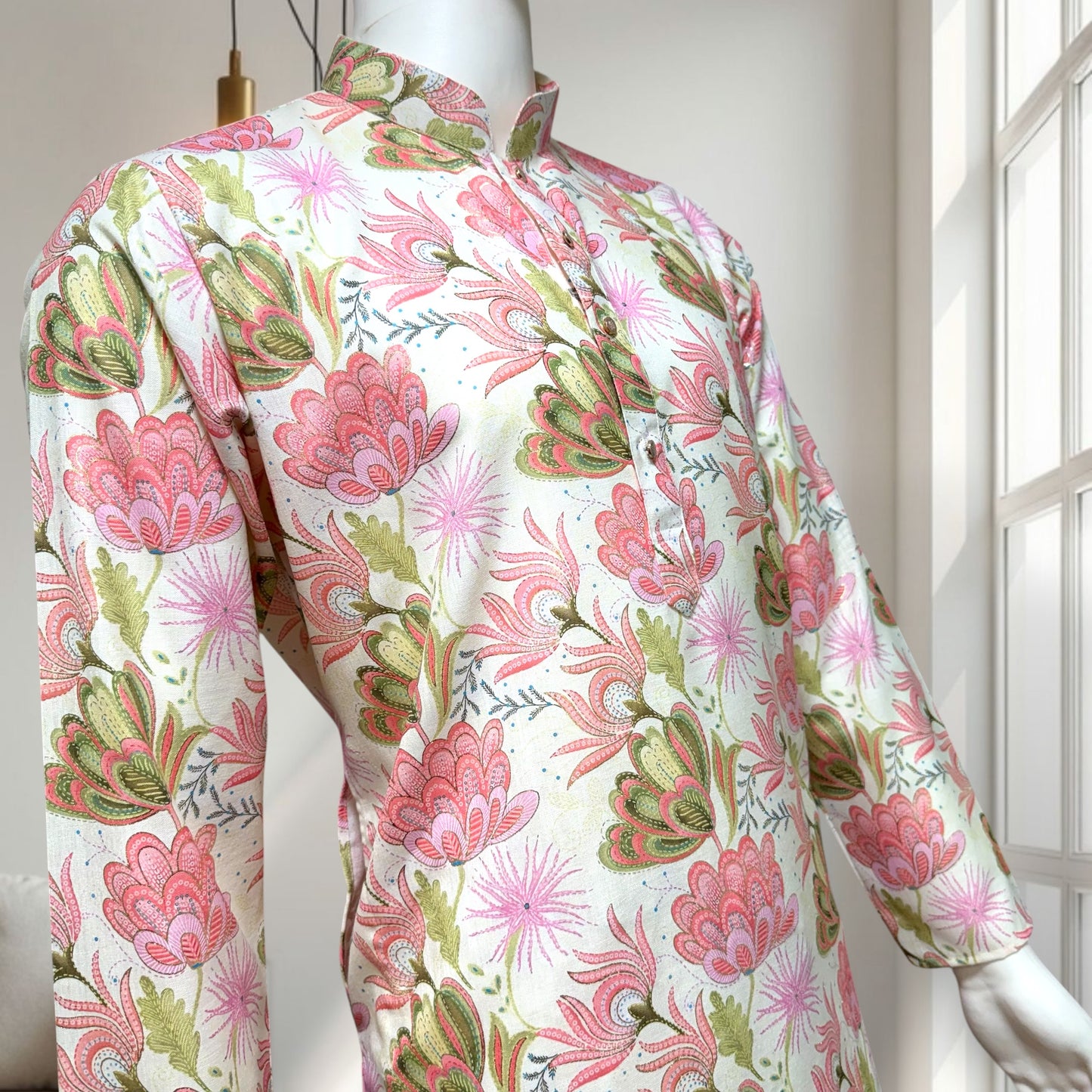 "Kavish" Premium floral digital and foil printed linen kurta.