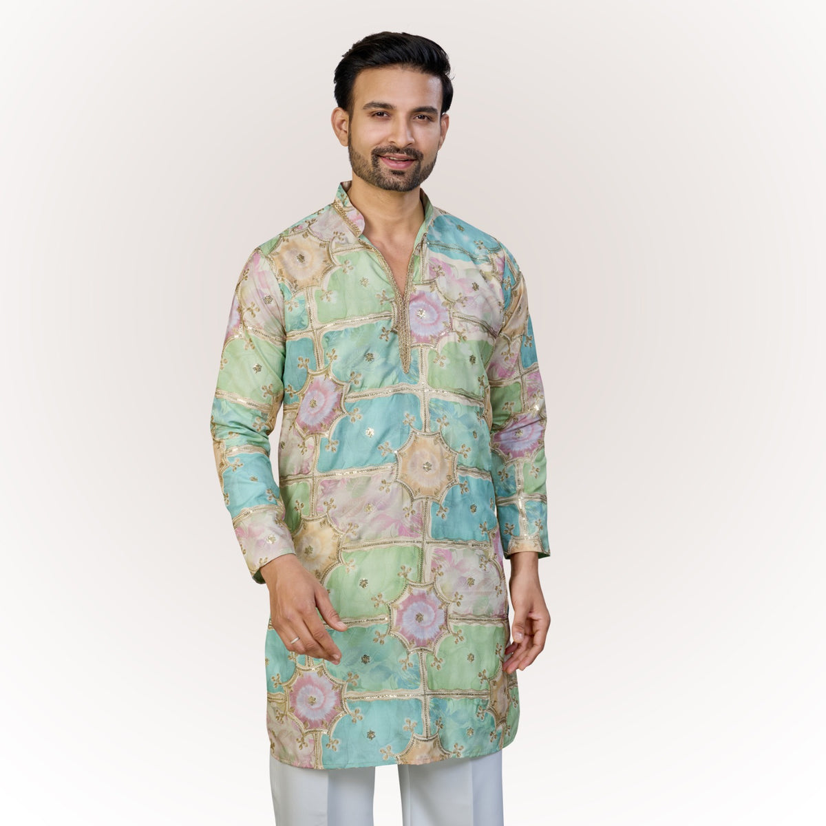 "Anay" Premium digital printed v neck kurta with thread and sequins embroidery.(wide pants included)