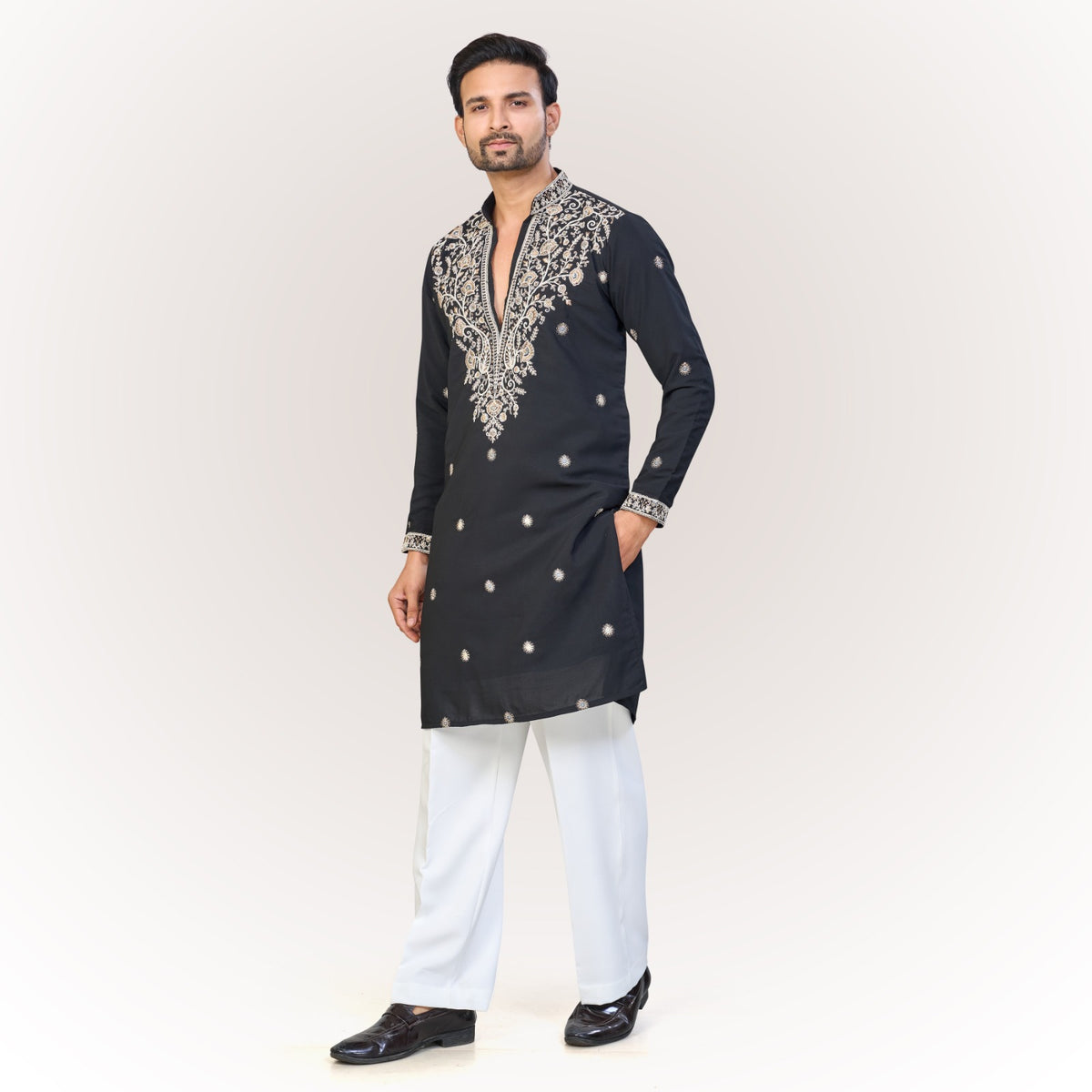 "Pranay" Premium hand embroidery v neck kurta.