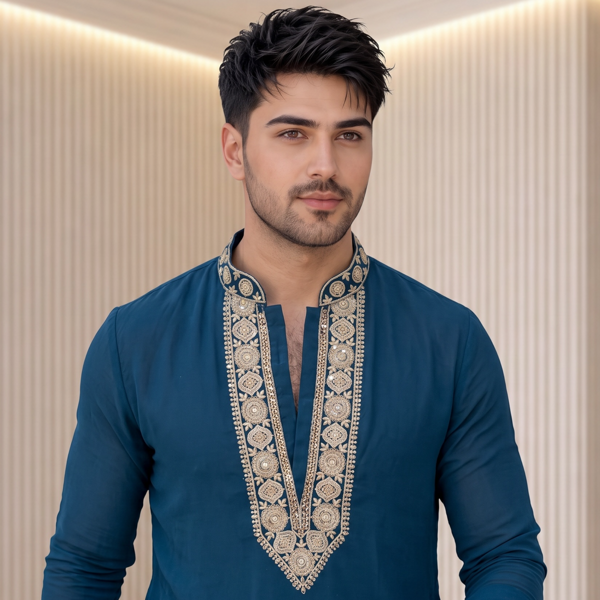 "Devansh" Premium v neck kurta with embroidery. (wide pants included)