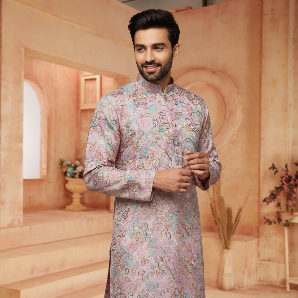 "Ranveer" Premium digital printed kurta with thread and sequins embroidery.