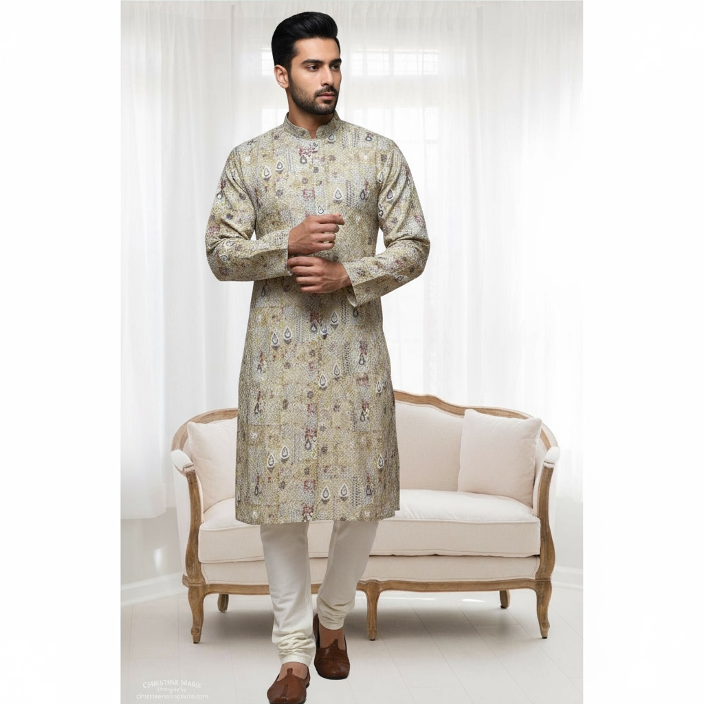 "Jeet" Premium digital printed fabric with thread and sequins embroidery.