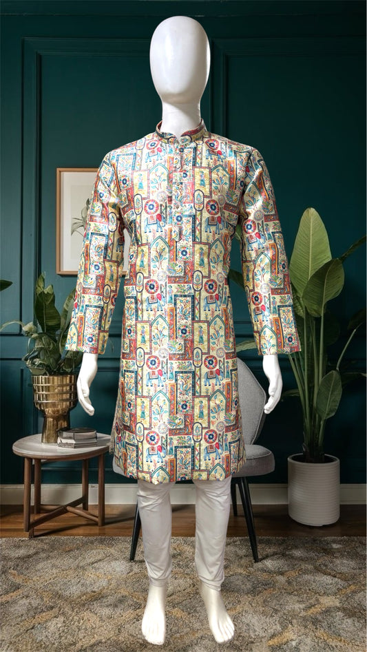 "Reyansh" Premium jacquard silk digital printed kurta with lining.