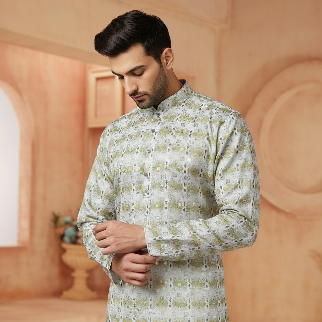 "Dhruv" Premium cotton kurta with delicate thread, sequins and mirror work.
