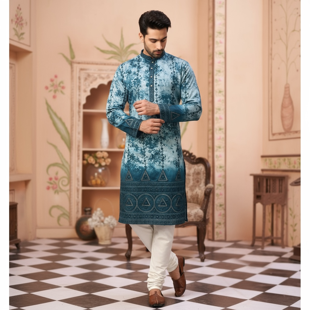 "Zubain" Premium tie-dye kurta with heavy thread and sequins embroidery and lining.