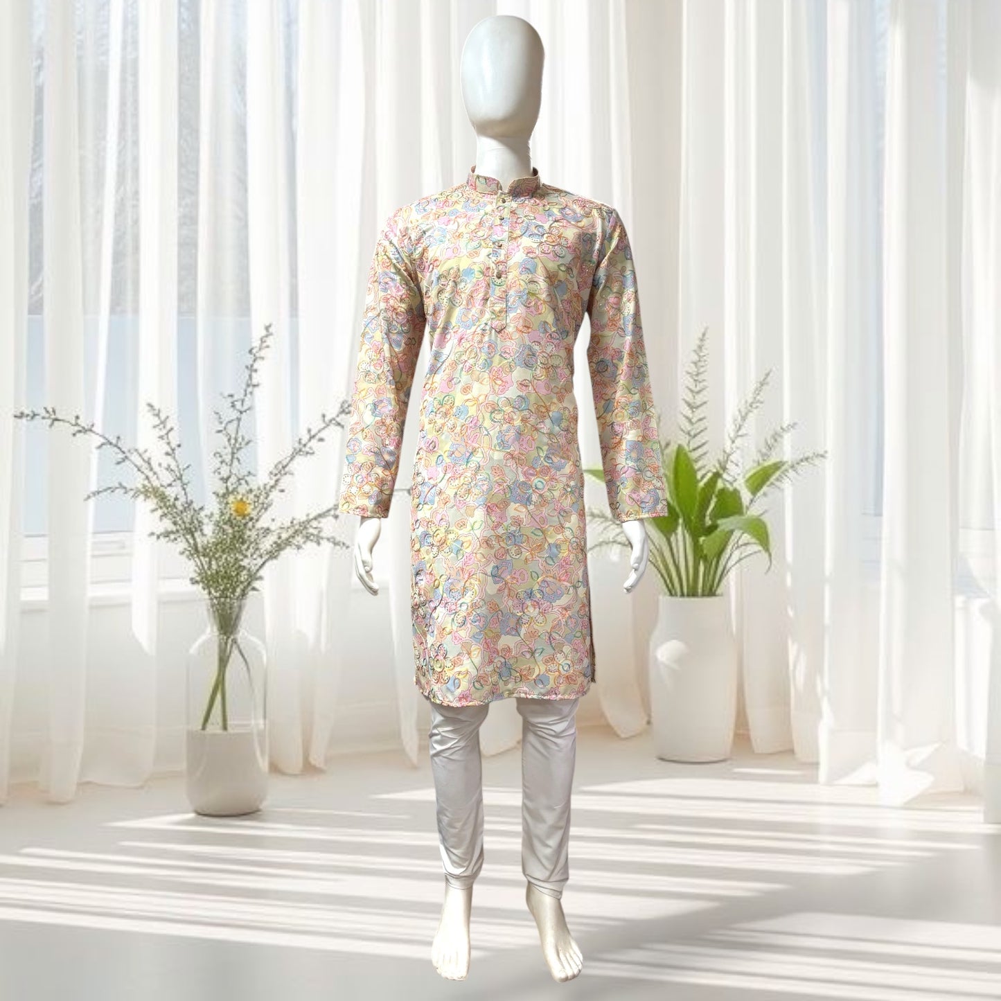 "Ranveer" Premium digital printed kurta with thread and sequins embroidery.