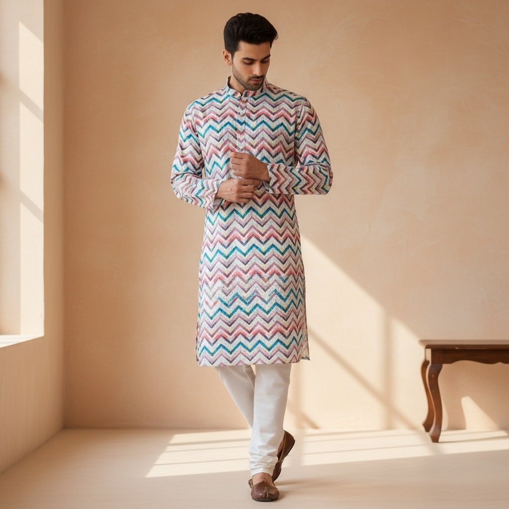 "Vihaan" Printed kurta with thread and sequins embroidery.