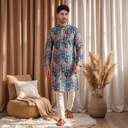 "Reyansh" Premium jacquard silk digital printed kurta with lining.