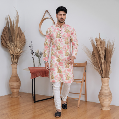 "Kavish" Premium floral digital and foil printed linen kurta.