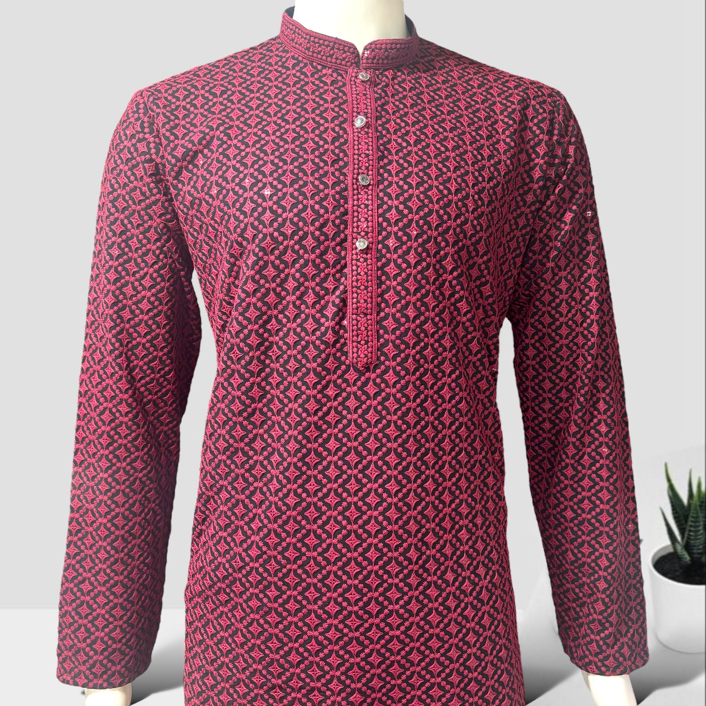 "Jairaj" Premium black rayon kurta with contrast thread work.