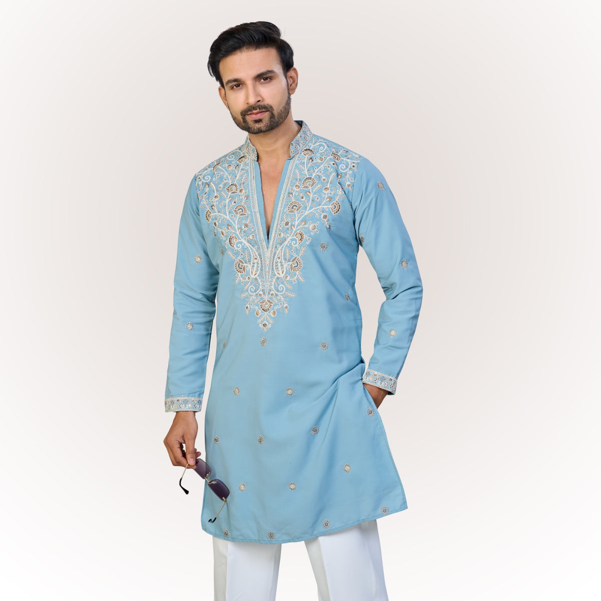 "Pranay" Premium hand embroidery v neck kurta.