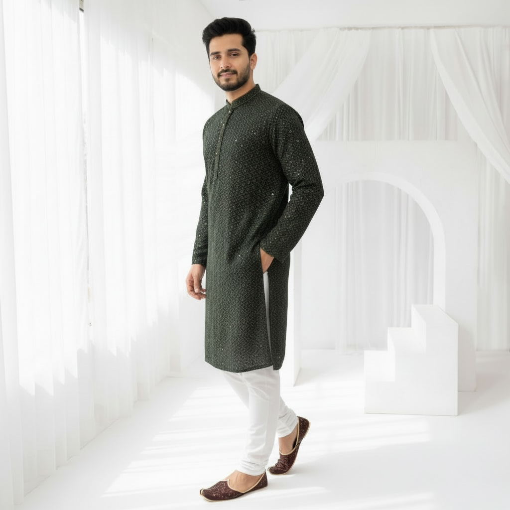 "Jairaj" Premium black rayon kurta with contrast thread work.