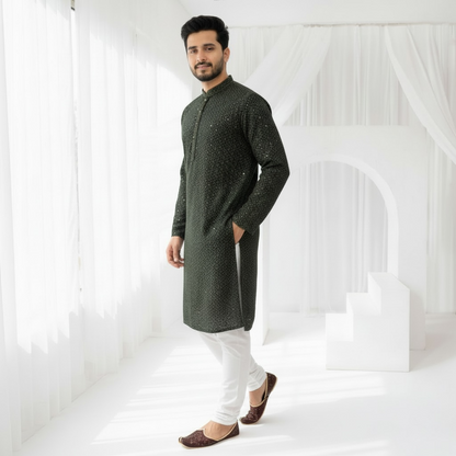 "Jairaj" Premium black rayon kurta with contrast thread work.