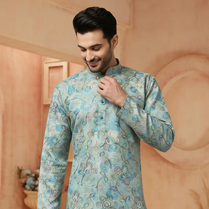 "Ranveer" Premium digital printed kurta with thread and sequins embroidery.