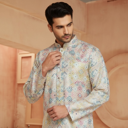 "Naksh" Premium digital printed cotton kurta with thread and sequins embroidery.
