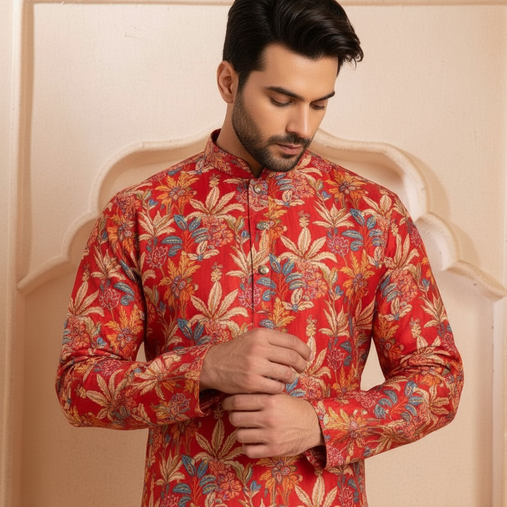 "Vaidik" Premium digital printed kurta with thread and sequins work.