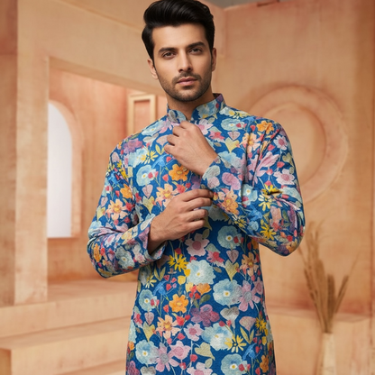 "Dev" Blue Floral Embroidered Cotton Kurta for Men with Thread & Sequins Work