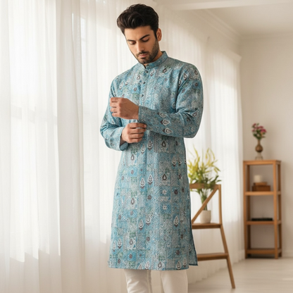 "Jeet" Premium digital printed fabric with thread and sequins embroidery.