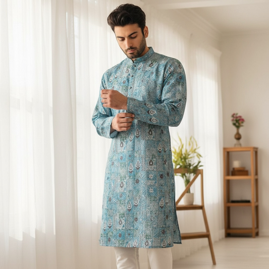 "Jeet" Premium digital printed fabric with thread and sequins embroidery.