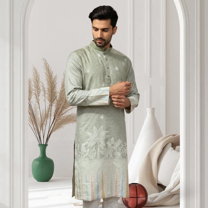 "Ojas" Premium digital printed kurta in border with thread embroidery.