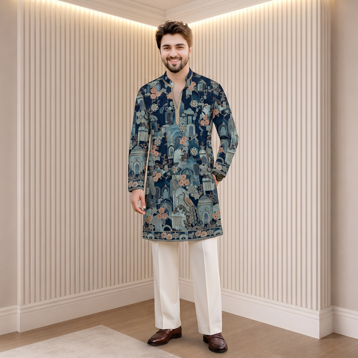 "Vivansh" Premium position printed short kurta with embroidery and lace.(wide pants included)