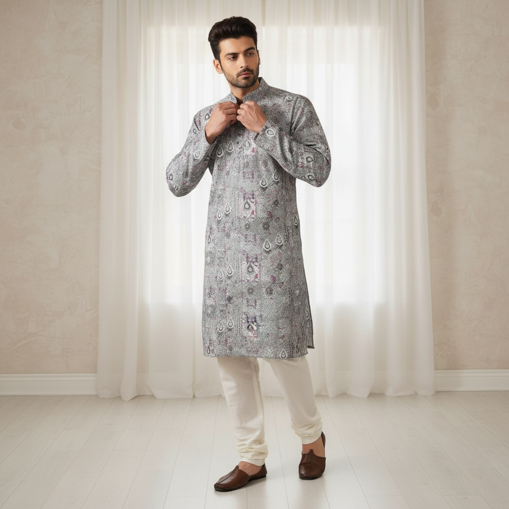 "Jeet" Premium digital printed fabric with thread and sequins embroidery.