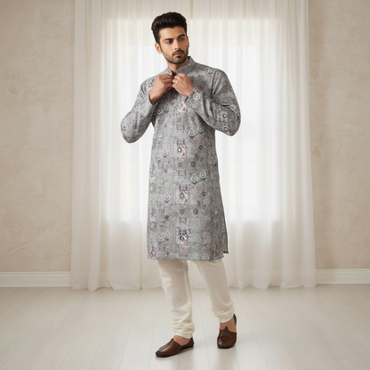 "Jeet" Premium digital printed fabric with thread and sequins embroidery.