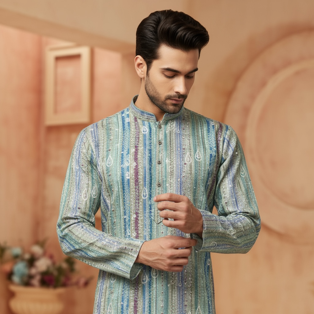 "Luv" Premium digital printed fabric with thread and sequins embroidery.