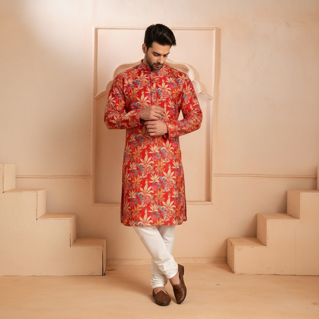 "Vaidik" Premium digital printed kurta with thread and sequins work.