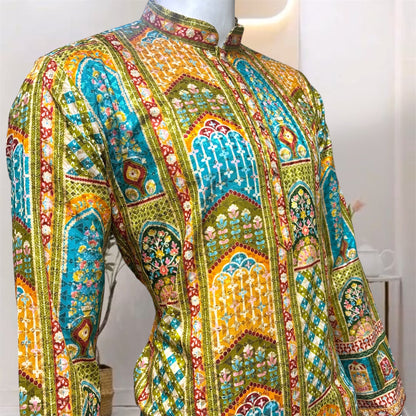"Akshay" Premium digital printed kurta with thread embroidery.