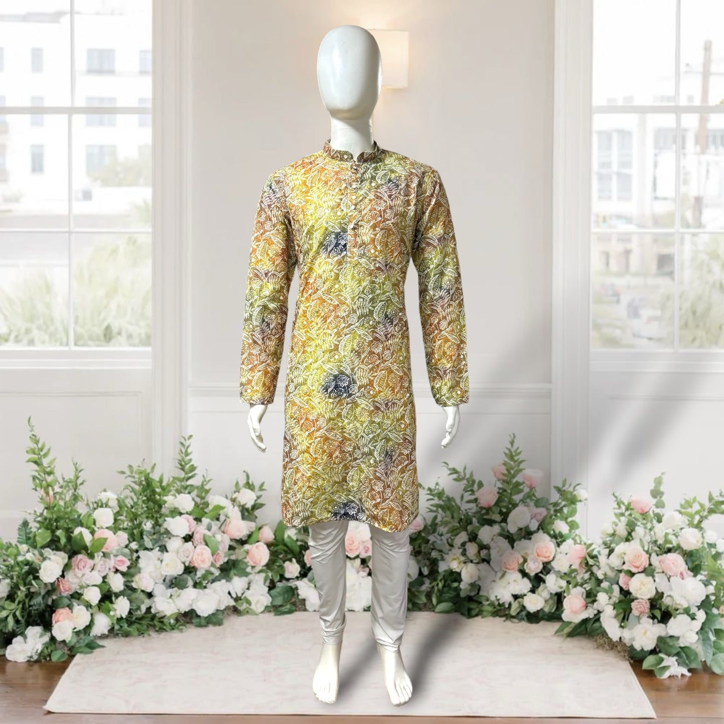 Green Flora-Embroidered Printed Kurta
