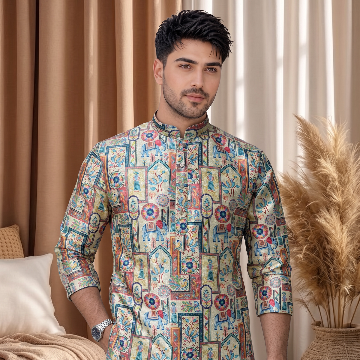 "Reyansh" Premium jacquard silk digital printed kurta with lining.