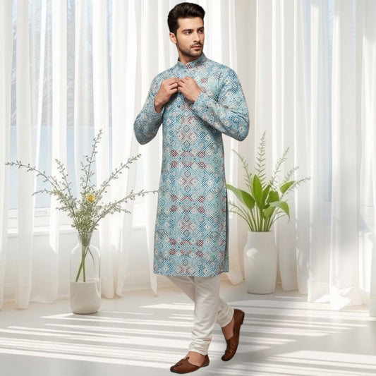 "Naksh" Premium digital printed cotton kurta with thread and sequins embroidery.